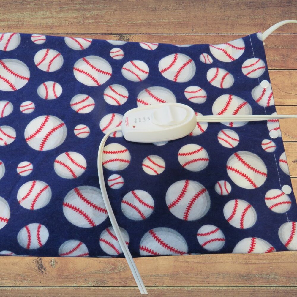 Heating Pad Cover, 12 x 15, Soft Blue Flannel With Baseballs, 3 Snap Closure